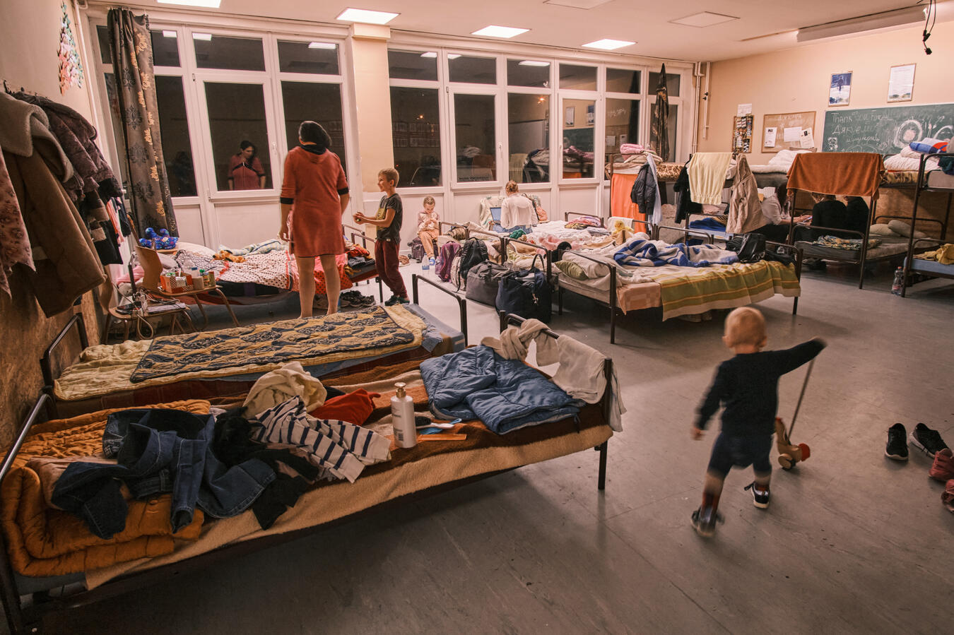 classroom converted into a dorm, bunkbeds
